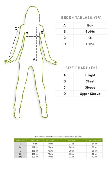 Kısa Kol Çiçek V Yaka Nakışlı Müslin Yazlık Bluz Yağ Yeşili Ygysl 4XL/5XL Yağ Yeşili - 6