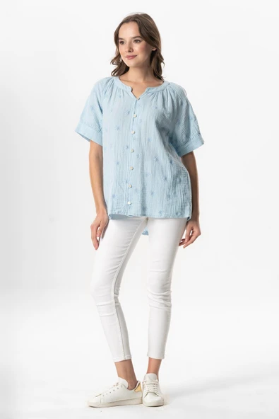 Kısa Kol V Yaka Venüs Düğmeli Müslin Yazlık Bluz Buz Mavi Bmv 4XL/5XL Buz Mavi - Resim 5