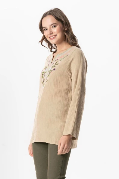 Uzun Kol Çiçek V Yaka Nakışlı Müslin Yazlık Bluz Vizon Vzn L/XL Vizon - 4