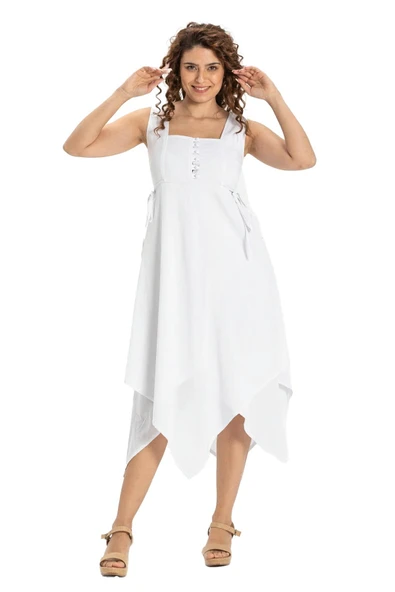 Kolsuz Şile Bezi Üçgen Katlı Midi Boy Yazlık Elbise Beyaz Byz XL Beyaz - Resim 5