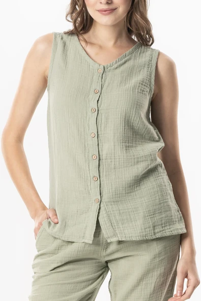 Kolsuz Melis Yazlık Müslin Bluz Zeytin Yeşili Zytnysl 3XL Zeytin Yeşili - Resim 4