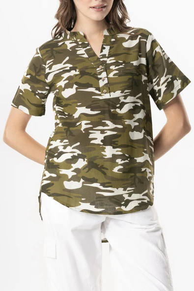 Kısa Kol Şile Bezi Seda V Yaka Kamuflaj Yazlık Bluz Yeşil Ysl 2XL Yeşil - Resim 3