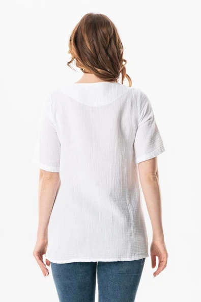 Kısa Kol Çiçek V Yaka Nakışlı Müslin Yazlık Bluz Beyaz Byz L/XL Beyaz - Resim 2