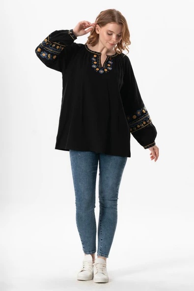 Uzun Kol Şile Bezi Gülruh V Yaka Nakışlı Bluz Siyah Syh 2XL-3XL Siyah - Resim 5