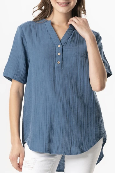 Kısa Kol Gülgün V Yaka Müslin Yazlık Bluz İndigo indg 2XL-3XL İndigo - Resim 3