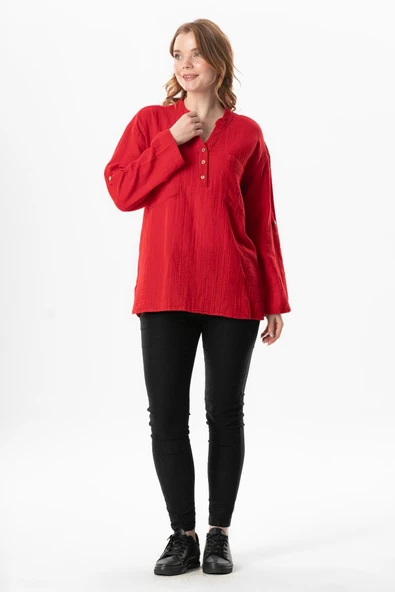 Uzun Kol Asu Yazlık Müslin Bluz Kırmızı Krmz L/XL Kırmızı - Resim 5