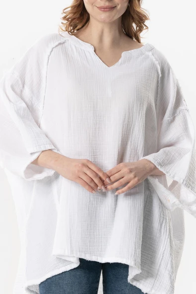 Yarım Kol Nadya V Yaka Müslin Yazlık Bluz Beyaz Byz - Resim 3