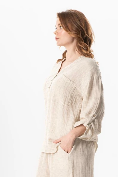 Uzun Kol Ezgi V Yaka Katlanabilir Kol Müslin Yazlık Bluz Krem Krm 2XL-3XL Krem - Resim 4