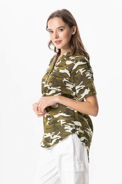 Kısa Kol Şile Bezi Seda V Yaka Kamuflaj Yazlık Bluz Yeşil Ysl 3XL Yeşil - Resim 4