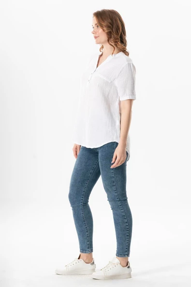 Kısa Kol Gülgün V Yaka Müslin Yazlık Bluz Beyaz Byz L/XL Beyaz - Resim 5