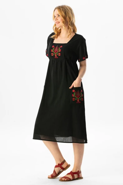 Kısa Kol Şile Bezi Melek Midi Boy Yazlık Otantik Elbise Siyah Syh M Siyah - Resim 4