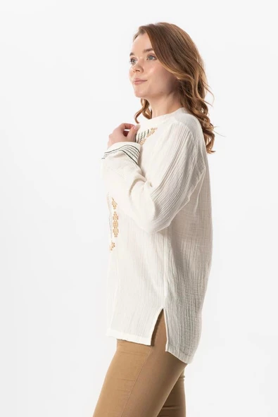 Uzun Kol İbiza Nakışlı Kadın Müslin Yazlık Tshirt Kırık Beyaz KrkByz L Kırık Beyaz - Resim 4