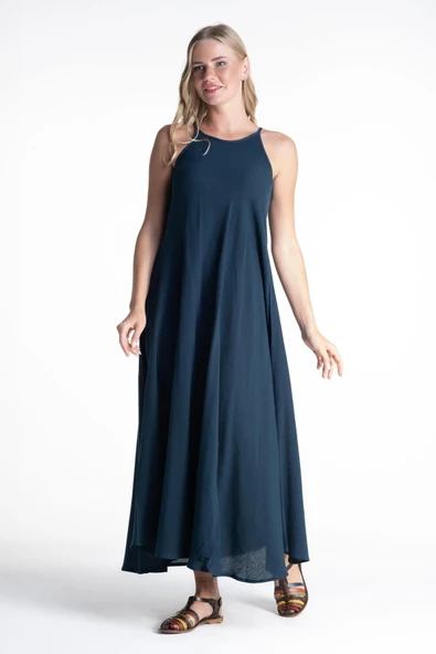 Askılı Şile Bezi Sima Uzun Yazlık Elbise Petrol Ptrl S Petrol - Resim 5