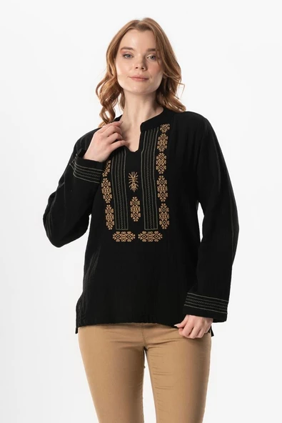 Uzun Kol İbiza Nakışlı Kadın Müslin Yazlık Tshirt Siyah Syh 3XL Siyah ürün görseli