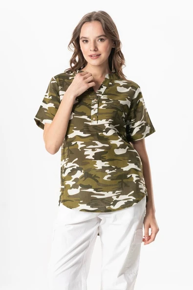 Kısa Kol Şile Bezi Seda V Yaka Kamuflaj Yazlık Bluz Yeşil Ysl 2XL Yeşil ürün görseli