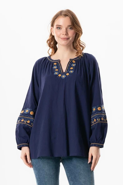 Uzun Kol Şile Bezi Gülruh V Yaka Nakışlı Bluz Mor Mor L/XL Mor ürün görseli