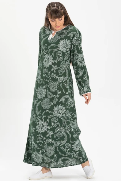 Uzun Kol Büyük Beden Şile Bezi Baskılı Uzun Yazlık Elbise Çınar Desen Yeşil Ysl 4XL Yeşil - Resim 5