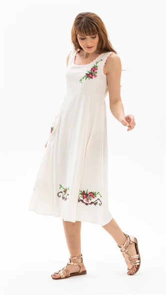 Kolsuz Şile Bezi Burçak Midi Boy Yazlık Elbise Krem Krm XL Krem ürün görseli