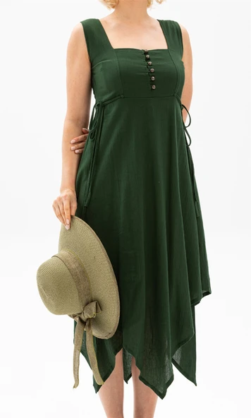 Kolsuz Şile Bezi Üçgen Katlı Midi Boy Yazlık Elbise Yeşil Ysl XS Yeşil - Resim 3