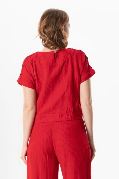 Kısa Kol İzel Yazlık Müslin Bluz Kırmızı Krmz M Kırmızı - Resim 2