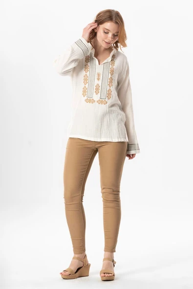 Uzun Kol İbiza Nakışlı Kadın Müslin Yazlık Tshirt Kırık Beyaz KrkByz M Kırık Beyaz - Resim 6