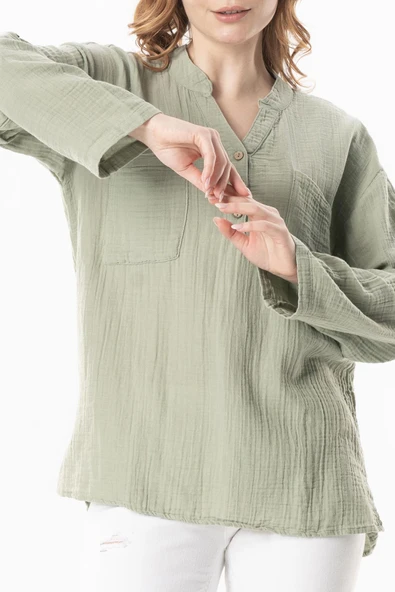 Uzun Kol Asu Yazlık Müslin Bluz Zeytin Yeşili Zytnysl S/M Zeytin Yeşili - Resim 4