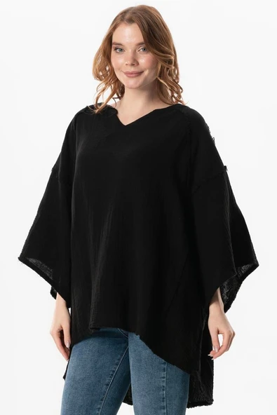 Yarım Kol Nadya V Yaka Müslin Yazlık Bluz Siyah Syh ürün görseli