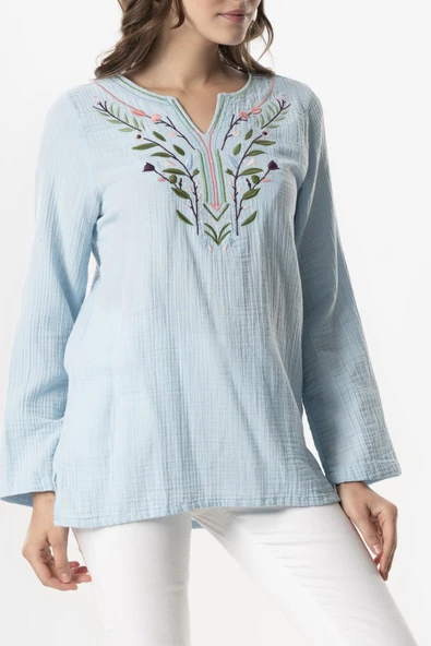 Uzun Kol Çiçek V Yaka Nakışlı Müslin Yazlık Bluz Buz Mavi Bmv 2XL-3XL Buz Mavi - Resim 3