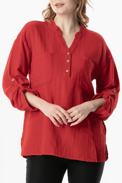 Uzun Kol Asu Yazlık Müslin Bluz Kırmızı Krmz 2XL-3XL Kırmızı - Resim 4