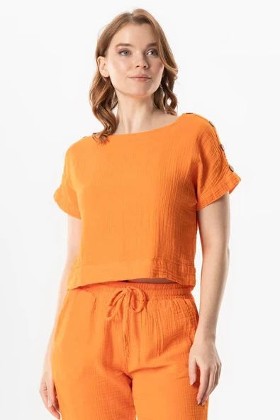 Kısa Kol İzel Yazlık Müslin Bluz Turuncu Trnc M Turuncu - Resim 4