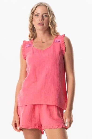 Kolsuz Fırfır Detaylı Duru Oval Yaka Müslin Yazlık Bluz Pembe Pmb S Pembe ürün görseli