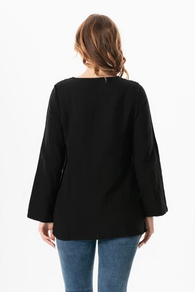 Uzun Kol Çiçek V Yaka Nakışlı Müslin Yazlık Bluz Siyah Syh L/XL Siyah - Resim 2