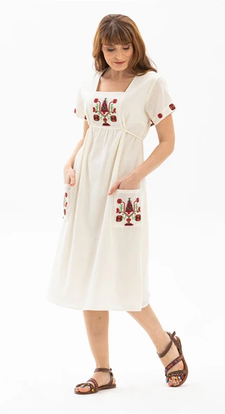 Kısa Kol Şile Bezi Melek Midi Boy Yazlık Otantik Elbise Krem Krm 2XL Krem - Resim 5