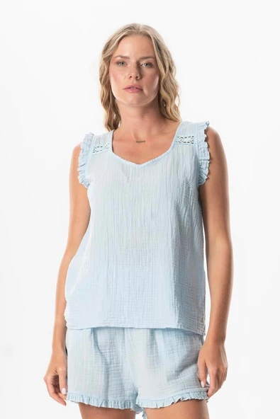 Kolsuz Fırfır Detaylı Duru Oval Yaka Müslin Yazlık Bluz Buz Mavi Bmv L Buz Mavi ürün görseli