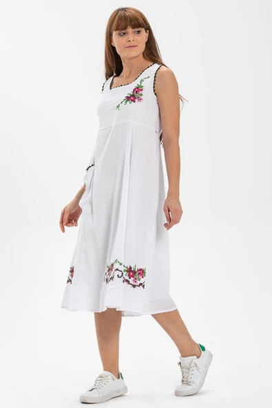 Kolsuz Şile Bezi Burçak Midi Boy Yazlık Elbise Beyaz Byz M Beyaz - Resim 4