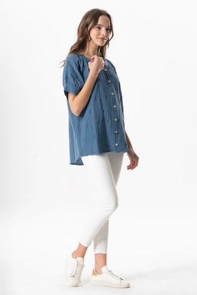 Kısa Kol V Yaka Venüs Düğmeli Müslin Yazlık Bluz İndigo indg S/M İndigo - Resim 6