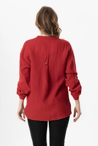 Uzun Kol Asu Yazlık Müslin Bluz Kırmızı Krmz 2XL-3XL Kırmızı - Resim 2