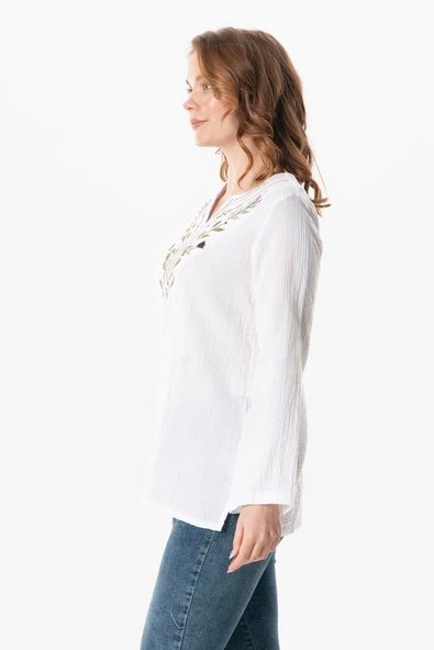 Uzun Kol Çiçek V Yaka Nakışlı Müslin Yazlık Bluz Beyaz Byz 2XL-3XL Beyaz - Resim 4