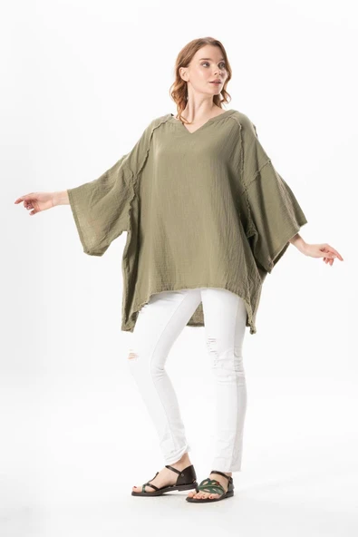 Yarım Kol Nadya V Yaka Müslin Yazlık Bluz Haki Hk - Resim 5