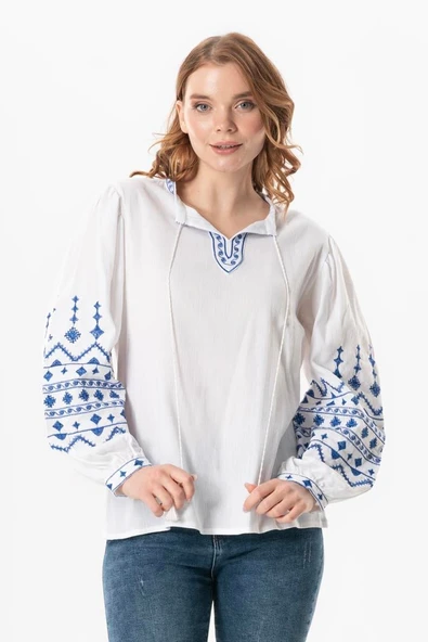 Uzun Kol Şile Bezi İdil V Yaka Nakışlı Yazlık Bluz Beyaz Byz XL Beyaz