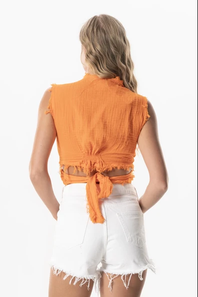 Kolsuz Deren Bel Bağlamalı Yazlık Müslin Bluz Turuncu Trnc S Turuncu - Resim 2