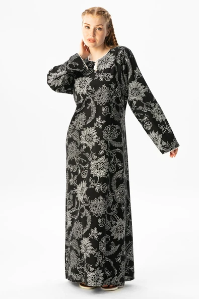 Uzun Kol Büyük Beden Şile Bezi Baskılı Uzun Yazlık Elbise Çınar Desen Siyah Syh 4XL Siyah - Resim 4