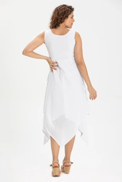 Kolsuz Şile Bezi Üçgen Katlı Midi Boy Yazlık Elbise Beyaz Byz M Beyaz - Resim 2
