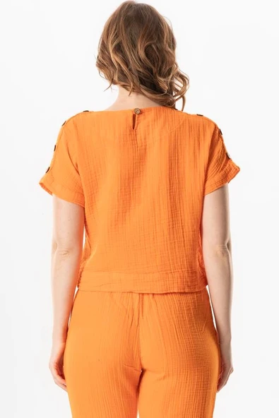 Kısa Kol İzel Yazlık Müslin Bluz Turuncu Trnc M Turuncu - Resim 2