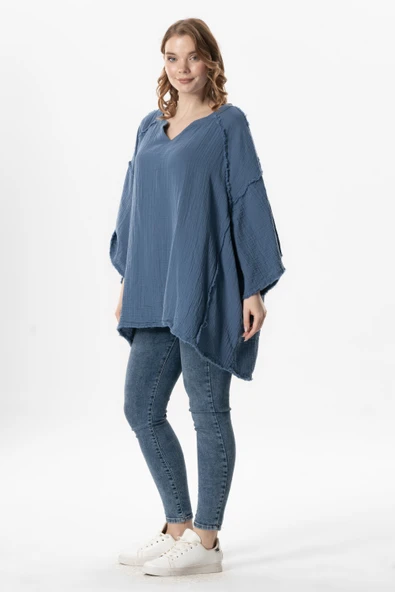 Yarım Kol Nadya V Yaka Müslin Yazlık Bluz İndigo indg - Resim 5