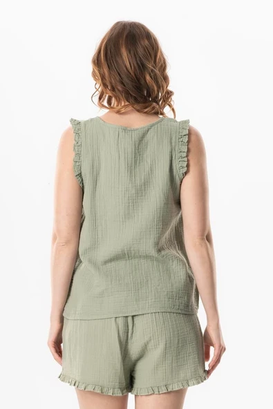 Kolsuz Fırfır Detaylı Duru Oval Yaka Müslin Yazlık Bluz Zeytin Yeşili Zytnysl M Zeytin Yeşili - Resim 2