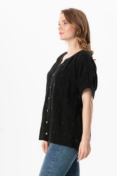 Kısa Kol V Yaka Venüs Düğmeli Müslin Yazlık Bluz Siyah Syh 2XL-3XL Siyah - Resim 3