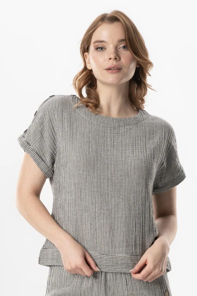 Kısa Kol Serap Bisiklet Yaka Müslin Yazlık Bluz Siyah/Beyaz Syh/Byz 2XL-3XL Siyah/Beyaz - Resim 4