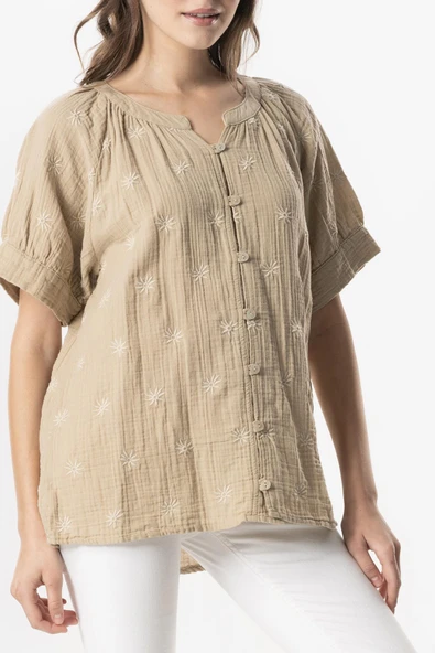 Kısa Kol V Yaka Venüs Düğmeli Müslin Yazlık Bluz Vizon Vzn 4XL/5XL Vizon - Resim 3