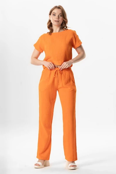 Kısa Kol İzel Yazlık Müslin Bluz Turuncu Trnc XL Turuncu - Resim 5